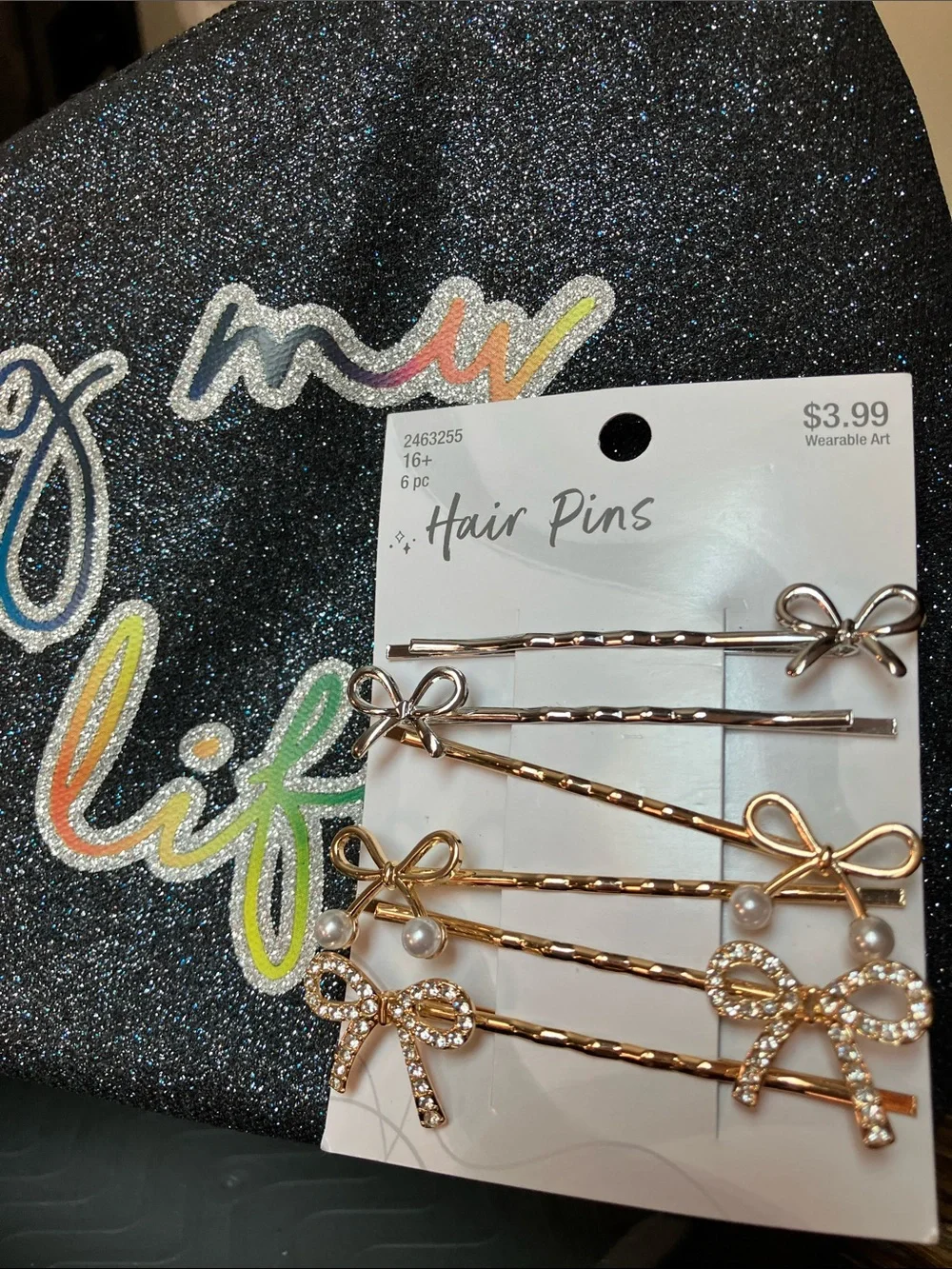 Glitter Black 'Living My Best Life' Cosmetic Pouch w/FREE- hair accessories&MORE